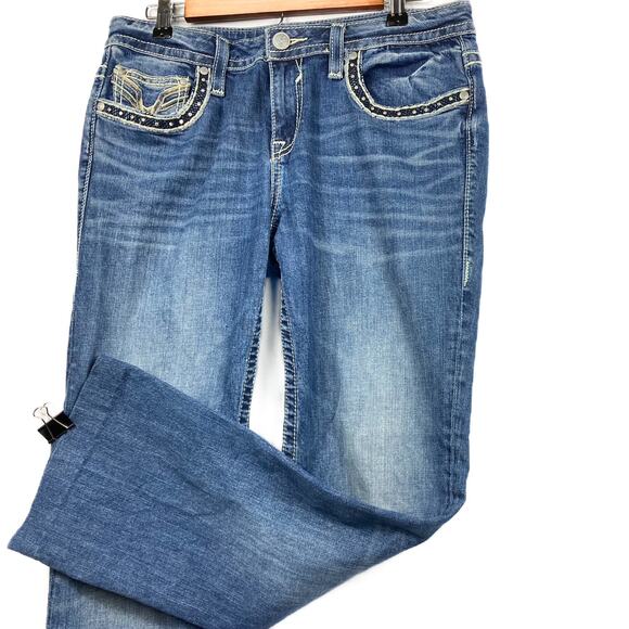 Classic Fit Vigoss Boot Cut Distress Jeans w Rhinestone Thick Embellish pockets - Picture 3 of 16